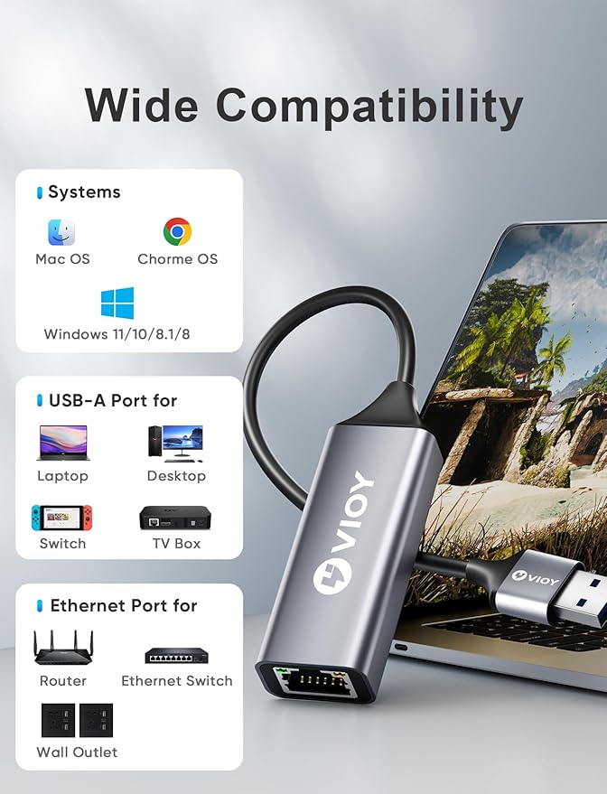 VIOY USB 3.0 to Ethernet Adapter, 10/100/1000Mbps RJ45 LAN Network Port, Drive Free USB A Ethernet Dongle Adapter for Nintendo Switch, Laptop, MacBook, Surface, PC, Windows, Linux
