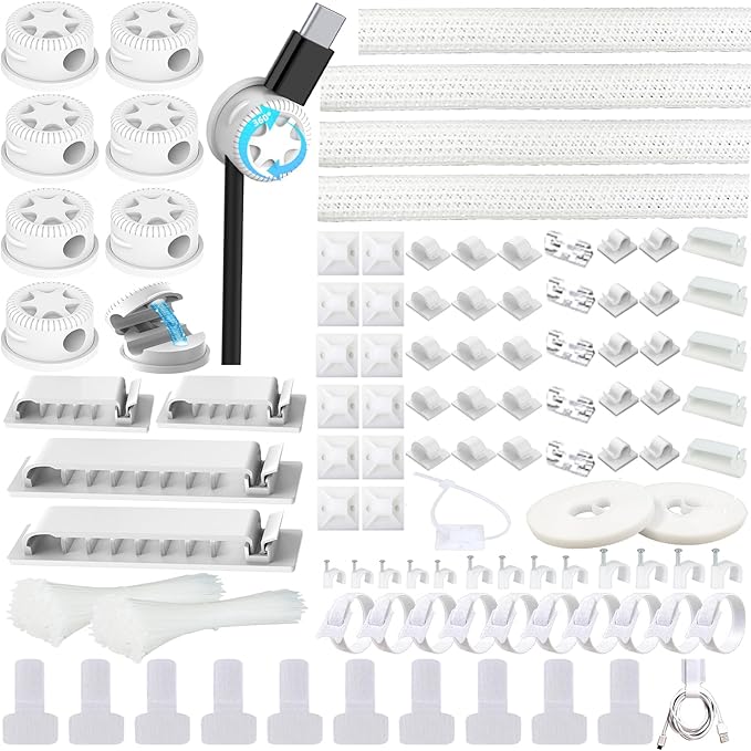 ELII 328Pcs Cable Management Kit, 8 Magnetic Cable Clips,69Adhesive Cable Holder,4 Cable Sleeve Split,22Reusable Cable Strap,200 Nylon Cable Zip Ties with 25 Mounts TV Home(White)