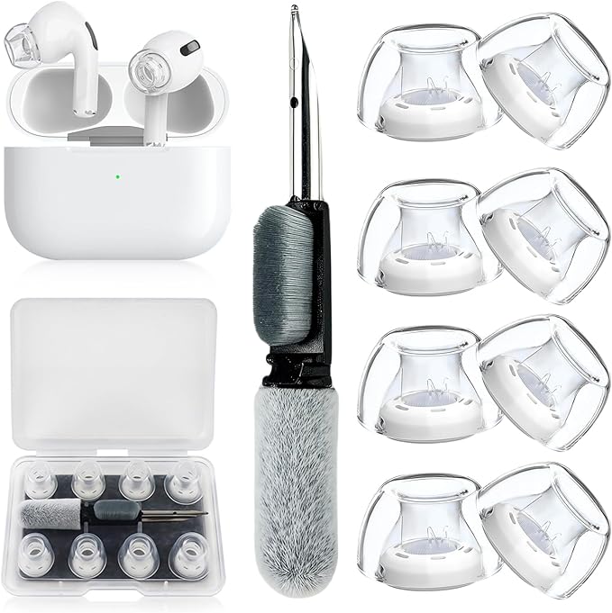 4 Pair Compatible with AirPods Pro 2nd/1st Generation Replacement Ear Tips,with Noise Reduction Hole & Built-in dust Guard Screen,for USB-C Charging Case with Cleaner kit -(4 Sizes XS/S/M/L)
