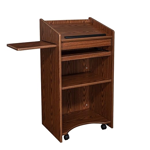 OEF Furnishings Mobile Floor Lectern with Side Shelf And Keyboard Tray, Medium Oak