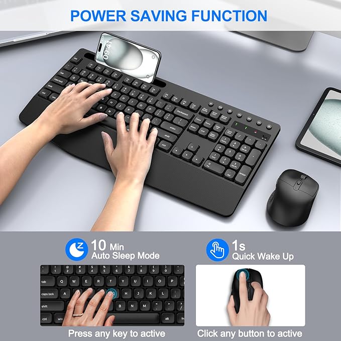 EDJO Wireless Keyboard and Mouse Combo, Full-Size Ergonomic Wireless Computer Keyboard with Wrist Rest, Phone Holder, Sleep Mode, Comfortable Natural Typing Set for Windows, Laptop, Mac, PC