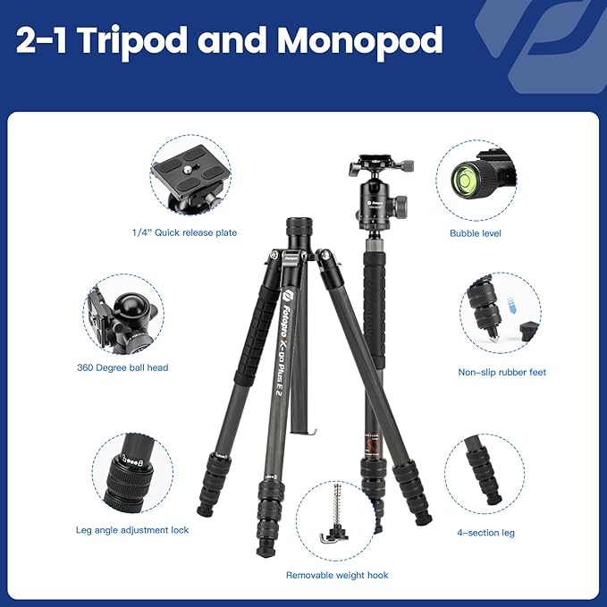 Fotopro 73" Carbon Fiber Tripod for Camera, Compact Travel Tripod with Ball Head, Detachable Monopod with Quick Release Plate and Camera Bag, Load up to 22lbs/10KG