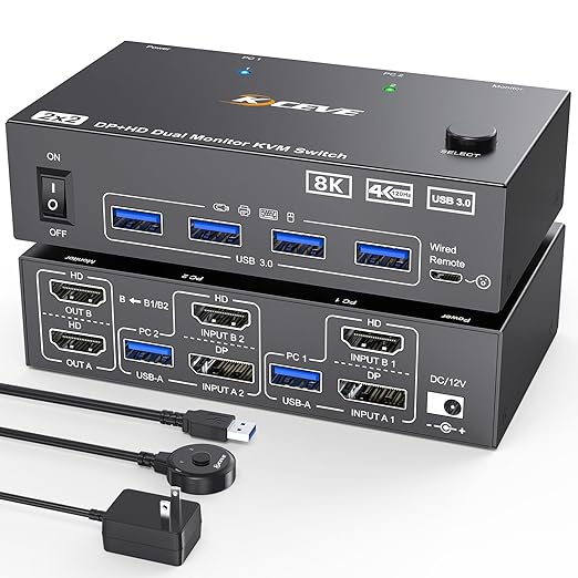 KVM Switch 2 Monitors 2 Computers 8K@60Hz/4K@144Hz, HDMI Displayport KVM Switches for 2 PC Sharing Dual Monitor and Keyboard Mouse with Power Adapter, Wired Extend Controller and USB3.0 Cables