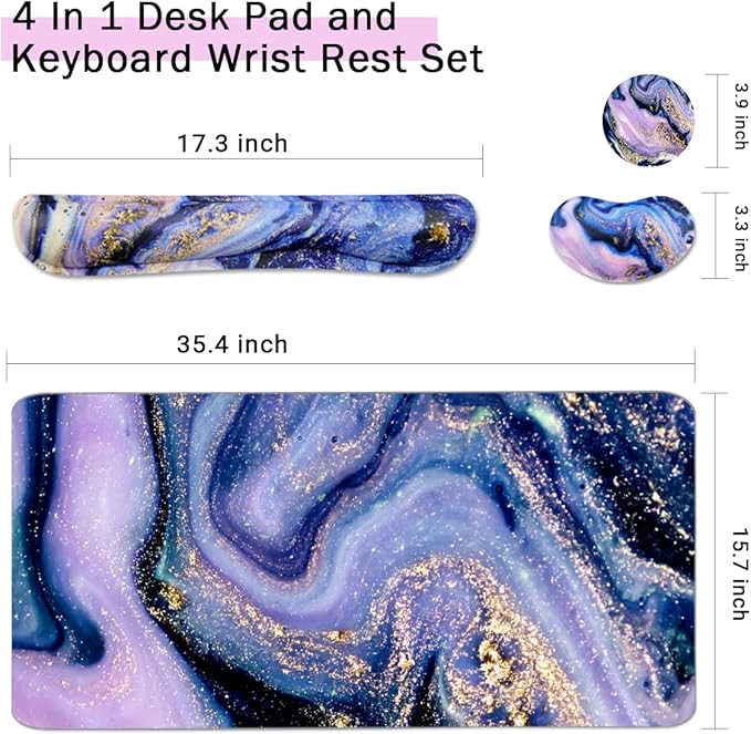 4-in-1 Large Gaming Mouse Pad and Keyboard Wrist Rest, Desk Pad for Keyboard and Mouse, Non-Slip Desk Mat for Home Office Study Game-Purple Marble
