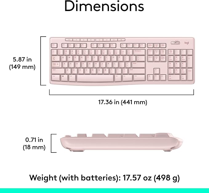 Logitech MK270 Wireless Keyboard and Mouse Combo for Windows, 2.4 GHz, 8 Multimedia Keys, PC, Laptop, Wireless Keyboard Compact Mouse Combo - Rose