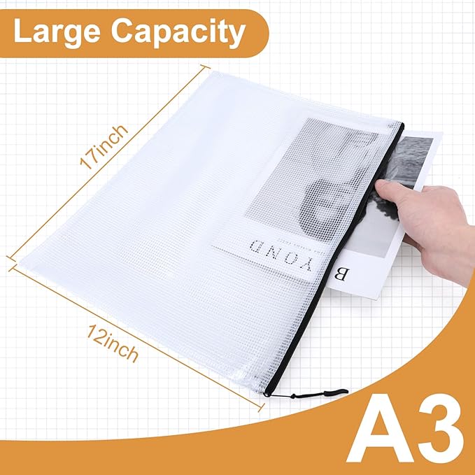 12pcs Mesh Zipper Pouch Puzzle Storage Bags A3 17x12 Inches Large File Bags Black Reusable Zipper Pouches for Organizing, Classroom Board Game Organization