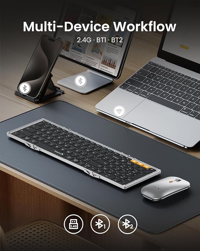ProtoArc Foldable Keyboard and Mouse, XKM01 True Full-Size Folding Wireless Keyboard Mouse for Business Travel, a Portable Office Suite On-The-Go, Compatible with Laptop iPad Tablet - Black Silver