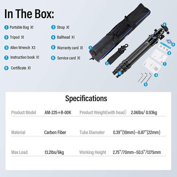 SIRUI Carbon Fiber Travel Tripod - Lightweight Only 0.93kg，Compact Tripod with 360° Panorama Ball Head Quick Release Plate, Max Height 50.2", Max Load 6kg for Camera, DSLR