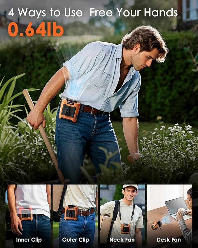 Portable Waist Fan Clip on, Personal Wearable Belt Fan 10000mAh Rechargeable Battery Under Shirt,5 Speeds with light, Neck Fan Hands-Free Cooling For Outdoor Camping Travel (Orange)