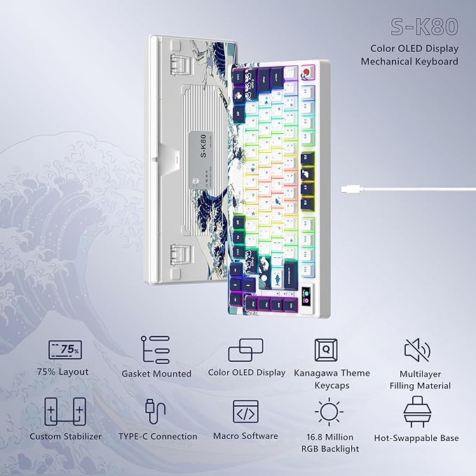 Womier S-K80 75% Keyboard with Color Multimedia Display Mechanical Gaming Keyboard, Wired Hot Swappable Gasket Mount RGB Custom Key Board, Pre-lubed Stabilizer for Mac/Win, White Kanagawa