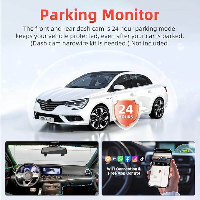 4 Channel Mirror Dash Cam, Dash Cam Front and Rear/Inside, 12’’ FHD 1080Px4 Rear View Mirror Camera, IR Night Vision for Left and Right Inside Car Camera, Built-in WiFi, GPS, Parking Monitor