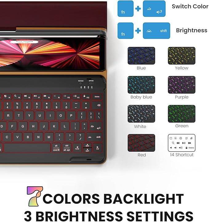 Leather Keyboard Case for iPad Air 5th 4th Generation 10.9 inch Pro 11 1st/2nd/3rd/4th, 7 Color Backlight BT Keyboard Folio with Pencil Holder 2022 2021 2020 2018 (Wine)