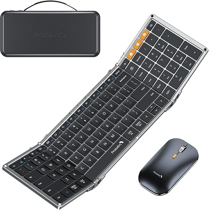ProtoArc Foldable Keyboard and Mouse, XKM01 True Full-Size Folding Wireless Keyboard Mouse Combo for Business Travel, a Portable Office Suite On-the-Go, Compatible with Laptop iPad Tablet - Black Gray