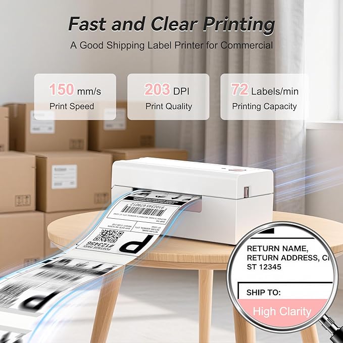 Bluetooth Thermal Shipping Label Printer, Wireless 4x6 Shipping Label Printer for Packages, High-Speed Thermal Printer Compatible with Android, iOS & Windows for Amazon, Ebay, Shopify, USPS