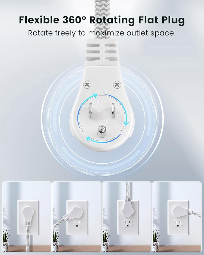 SURAIELEC 10FT 360° Rotating Flat Plug Extension Cord Flat Wall Plug with 3 Outlets, Braided Flat White Extension Cord for Indoor Use, Home, Office, 16/3C SPT, ETL Listed