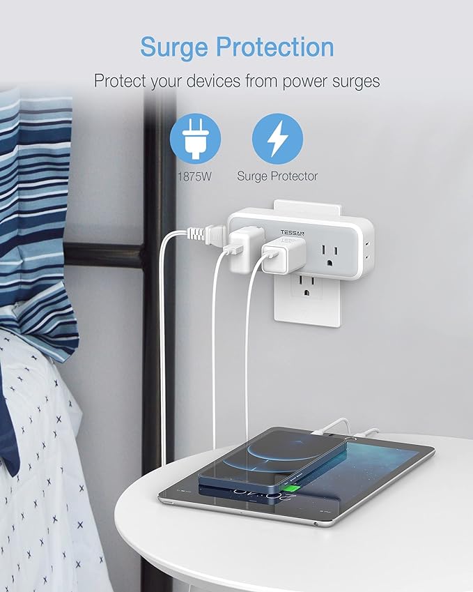 Multi Plug Outlet Extender, TESSAN Surge Protector Wall Plug Splitter with 5 Electrical Outlet Expander, Multiple Plug Adapter for Travel Home Office