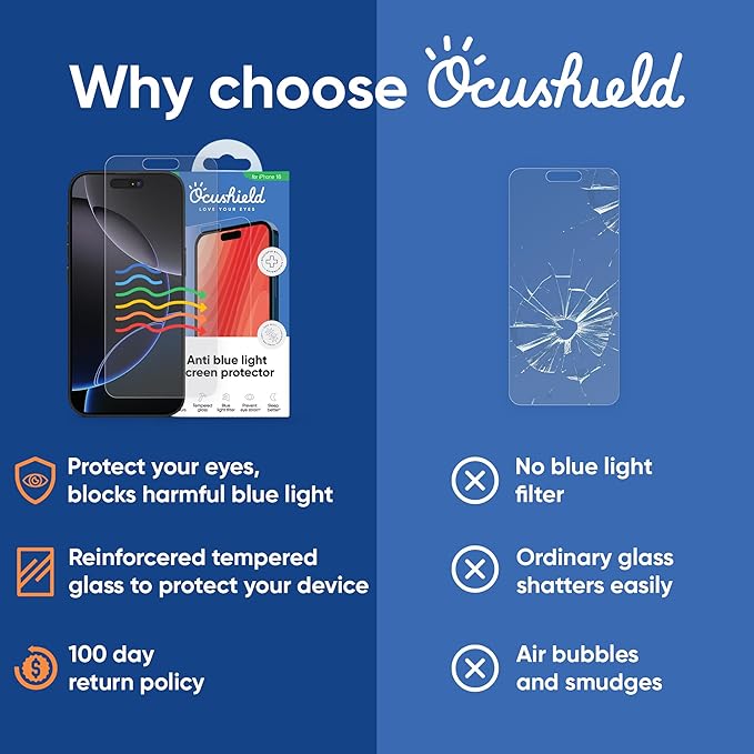 Ocushield Anti Blue Light Tempered Glass Screen Protector for iPhone SE - Protect Your Eyes Reduce Migraines & Improve Sleep