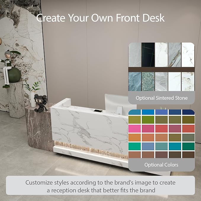 Front Desk Reception Counter - Lockable Storage & Keyboard Tray | Reception Desk with Counter, Customizable Large Counter Table (Grey+White, 104'')