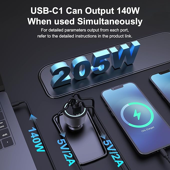 205W USB C Car Charger, 3-Ports PD3.1/PPS/QC3.0 Fast Charging Type C Cigarette Lighter Adapter for MacBook Pro Laptop, iPhone 16/15/14/13/12, Galaxy S24/S23 Ultra etc