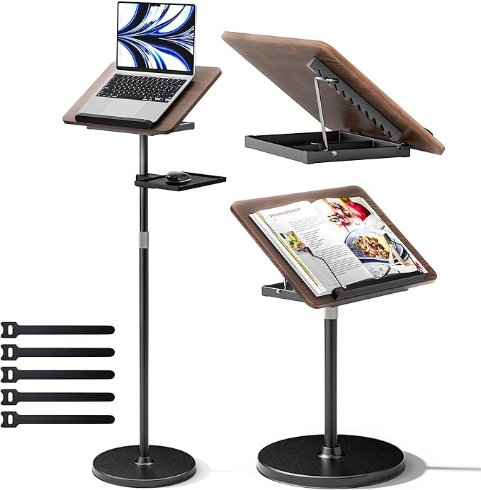 2 in 1 Adjustable Book Stand - Dual-Use Floor and Desktop Book Holder Stand, Height Adjustable 23.5-52 in, Elastic Page Clips for Music Sheet, Recipe, Tablet, Laptop-Black