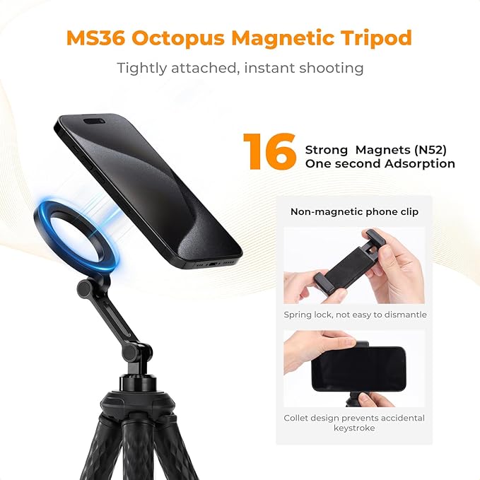 K&F Concept Flexible Tripod, Magnetic Flexible Phone Stand with Wireless Remote, Mini Vlogging Tripod for Magsafe iPhone 16 Pro Max/15/14/13/12 All Phones and Actions Camera.