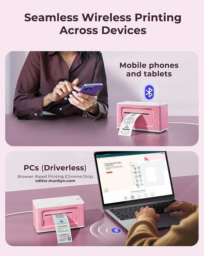 MUNBYN Bluetooth Thermal Label Printer 941B, Wireless 300DPI 4x6 Shipping Label Printer for Small Business, Compatible with Windows, Mac, iPhone, Android, PC, Ebay, Amazon, Shopify, Etsy, USPS (Pink)