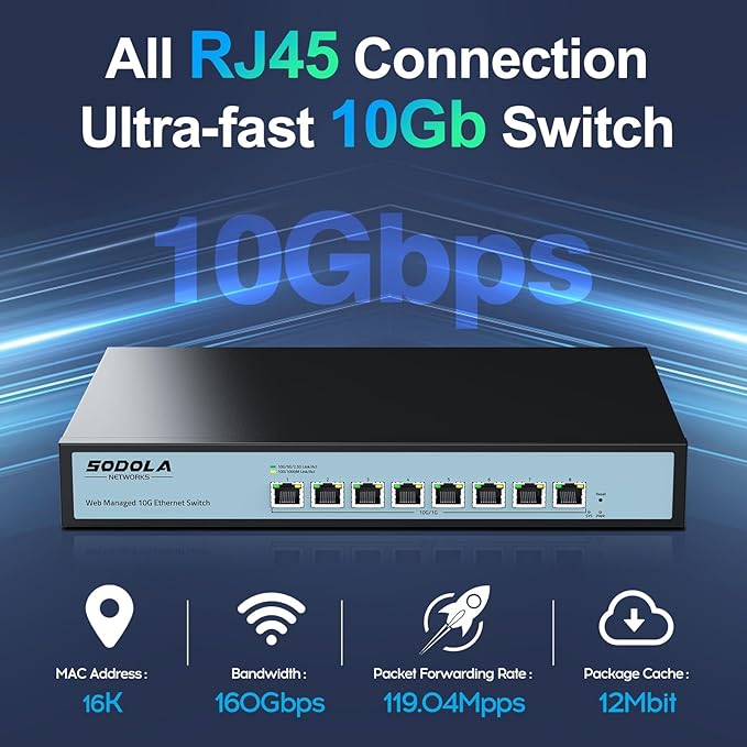 SODOLA 8 Port 10Gb Easy Web Managed Switch, 8 x 10G RJ-45 Ports, 160Gbps Bandwidth, Support LACP, VLAN, QoS, 10G/5G/2.5G/1000M/100M Auto-Negotiation, Multi-Gigabit Managed Ethernet Switch