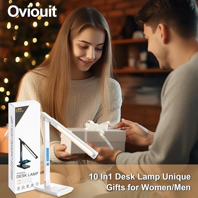 10 in 1 Smart Desk Lamp Led, Desk Light for Colleage Drom Room Office, Eye-Caring Table Lamp with Night Light, Lamp for Desk with 10W Wireless Charger, Dimmable Touch Lamp, Birthday Gifts for Women