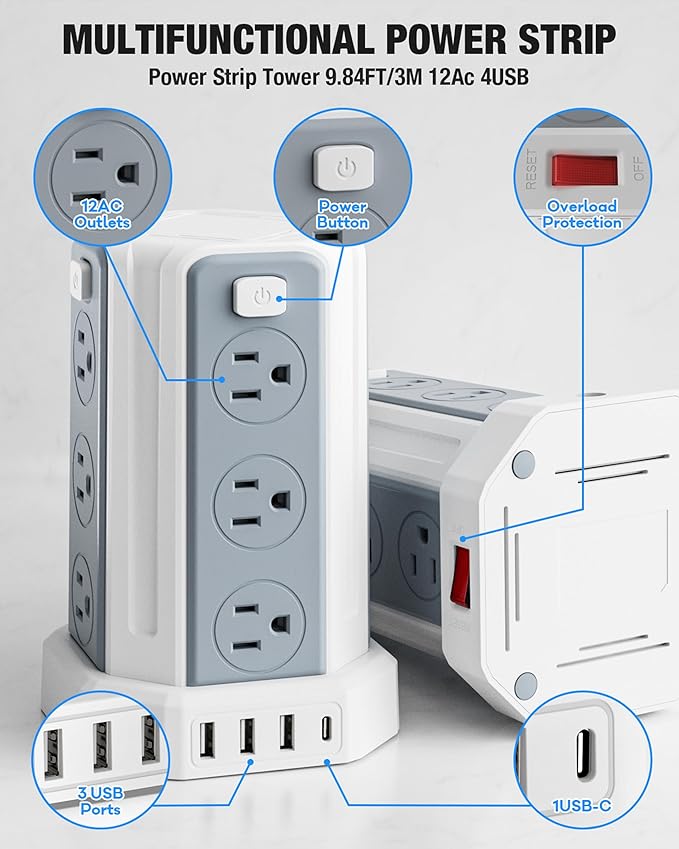 Power Strip Surge Protector, 10 Ft Extension Cord with 12 AC Multiple Outlets 4 USB (1 USB C), SMALLRT Power Tower Desktop Charging Station (White, 10 FT)