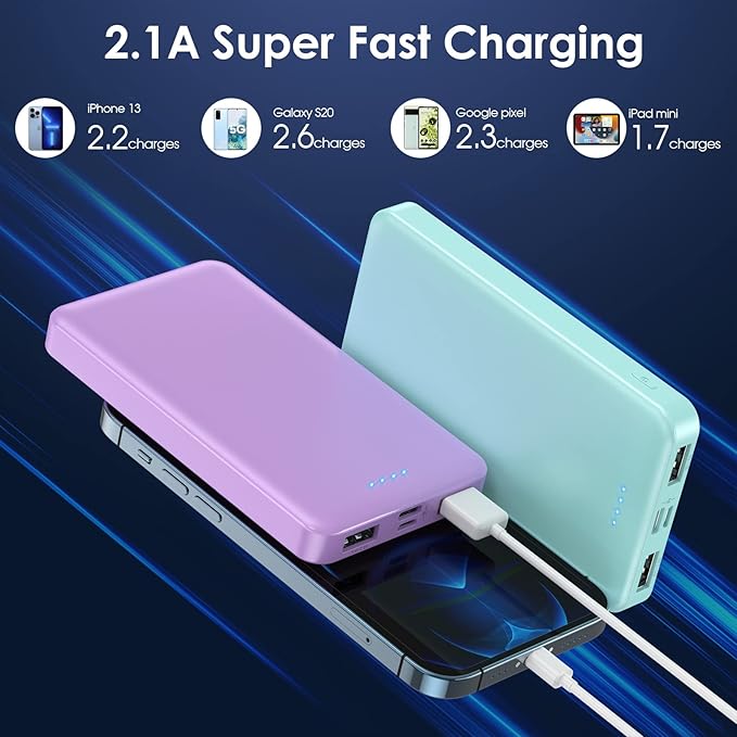 [2 Pack] Portable Charger Power Bank 10000mAh,Ultra Slim Compact External Battery Pack with USB C Input & Dual USB Outputs Backup Charger Compatible with iPhone 13,12, Samsung S20,Tablet-Green+Purple