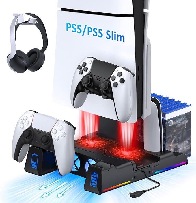 NexiGo PS5 Silent Cooling Stand for Both PS5 and New PS5 Slim Consoles, RGB LED Light, Dual Charging Station, Compatible with Dual_Sense Edge Controller, Hard Drive, Headset and Remote Holder, Black