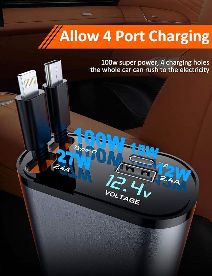 Retractable Car Charger with Dual Retractable Cords, Type-C Cable Fast Charging Up to 100W, 4 in 1 Fast Car Phone Charger with Voltage Display for iPhone 16/15/14/13/12 Pro Max,iPad,Samsung