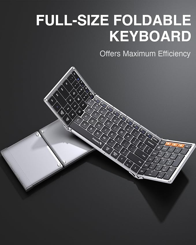 ProtoArc Foldable Bluetooth Keyboard, XK01 Folding Wireless Portable Keyboard with Numeric Keypad, Full-Size Travel Keyboards for iPad Tablet Smartphone Laptop PC Windows iOS Android, Black Silver