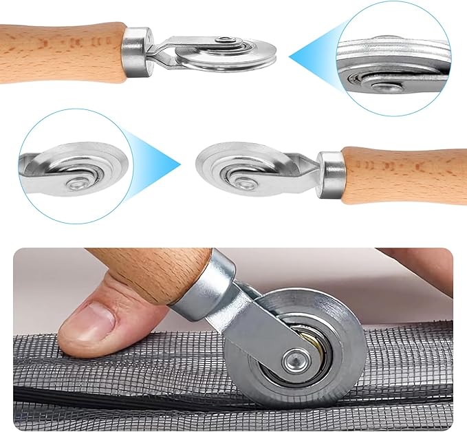 Window Screen Repair Kit, Steel/Nylon Roller Tool with Bearing+8pcs Screen Clips+32ft Screen Spline+Spline Removal Hook, 5 in 1 Screen Roller Tool Kit for Installing Door Mesh Screens