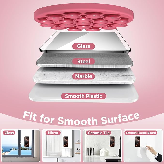Magnetic Suction Cup Phone Mount for MagSafe Case, Silicone Hands-Free Grip Holder for iPhone and Android, Mirror Shower Phone Stand for Makeup FaceTime Gym Kitchen Bathroom, Camellia Red