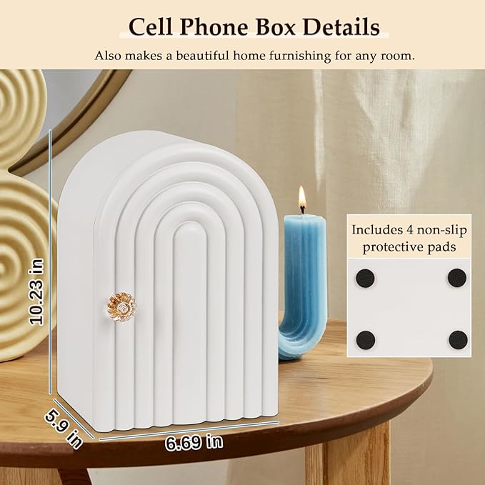 Phone Box for Family Time, Bamboo Cell Phone Jail, 3 Sections Hold 6 Phones, with Charging Holes, Phone Holder Self-discipline Box, Help Kids Adults Focus Back, Mobile Phone Addiction (White)