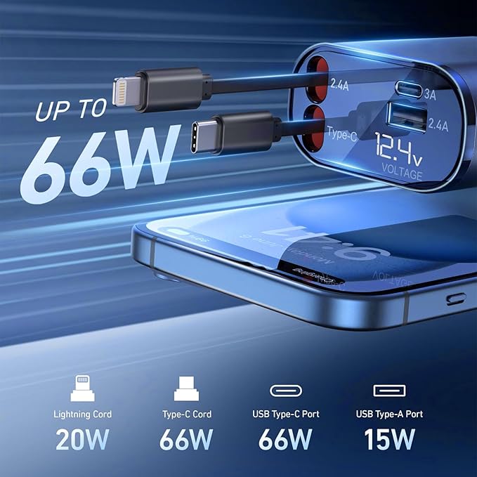 Retractable Car Charger, 66W 4 in 1 Super Fast Charging Car Phone Charger with 2 Retractable 31.5 Inch Cables and 2 USB Ports for iPhone 15/14/13/12/11, Galaxy, Pixel（S）