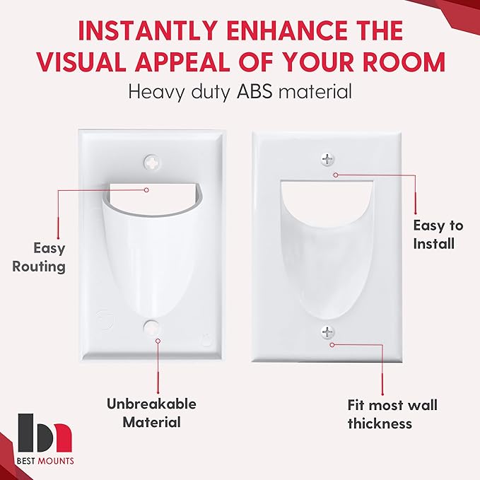 2 Pack Wall Plate Cable Pass Through with Bracket - In Wall Cable Management Kit - Recessed Cable Wall Plate Pair with Single Gang Low Voltage Mounting Bracket - Decorator Cover for Low Voltage Cables