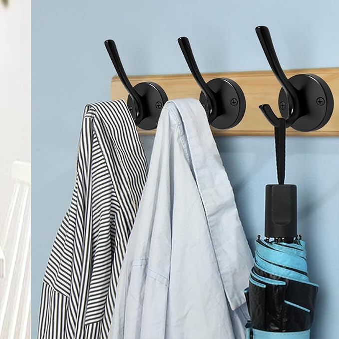 4 Packs Black Coat Hooks, Decorative Double Prong Metal Closet Hooks for Hanging Towels, Robes in Bathrooms, Kitchen