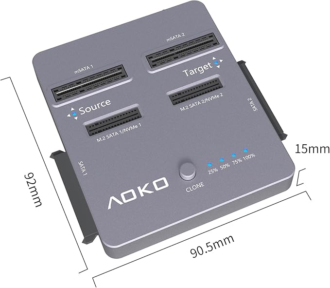 AOKO M.2 NVMe SSD Cloner, Dual-Bay 4-in-1 Hard Drive Duplicator/Reader, Supports M.2 NVMe/NGFF SATA, mSATA & SATA 2.5"/3.5" HDD,Offline Cloning Without PC