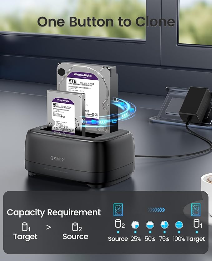 ORICO Hard Drive Docking Station Dual Bay USB 3.0 to SATA with Duplicator/Offline Clone Function External Hard Drive Dock for 2.5''/3.5'' HDD SSD Max Up to 44TB Support UASP Plug&Play-DD-C