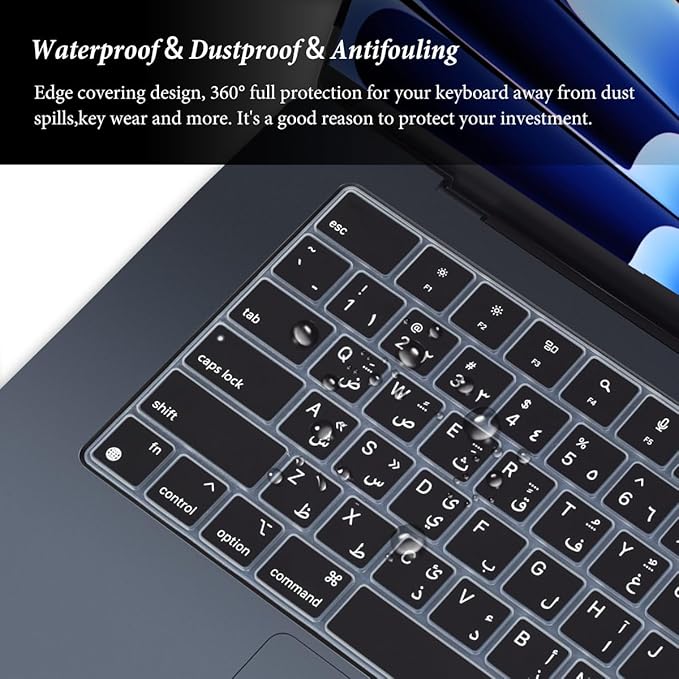 Arabic Keyboard Cover Skin Compatible with Apple 2025 2024 2023 2022 MacBook Air Laptop with M4 M3 M2 chip 15.3 inch A3241 A3114 A2941/MacBook Air 13.6 inch A2681 A3113 A3240 Keyboard Protector-Black