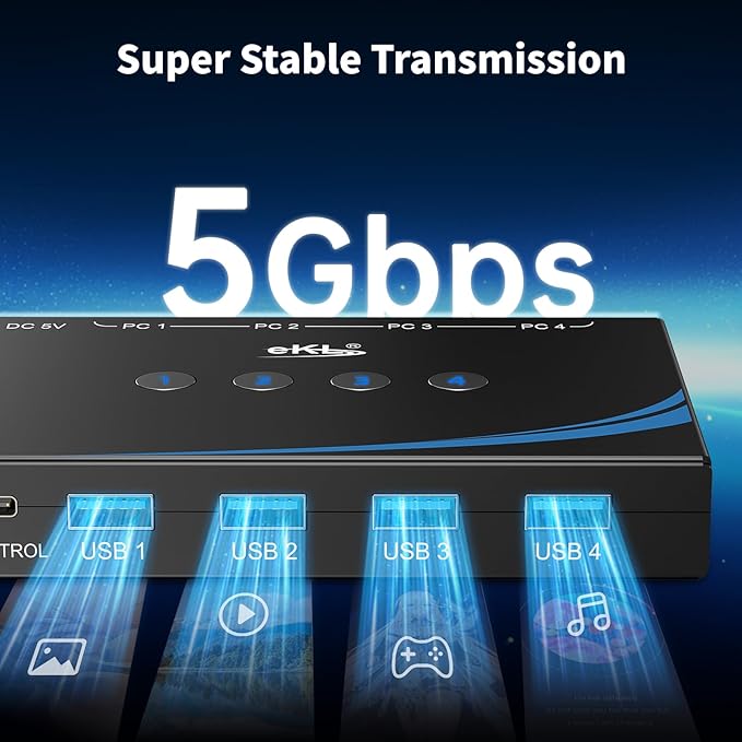eKL USB 3.0 Switch 4 Computers Sharing USB Peripherals, 4 Port USB Switcher Sharing Mouse Keyboard Scanner Printer, with 3.5mm Headset Jack Audio Out, Includes 4 USB 3.0 Cables and Remote