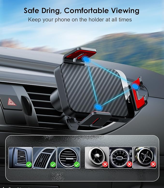 Wireless Car Charger, MOKPR 15W Fast Charging Auto-Clamping Phone Mount Air Vent Cell Phone Holder Compatible with iPhone 16 15/14/13/13 Pro/12 pro/12, for Samsung Galaxy S23/S22/S21/S20, Red