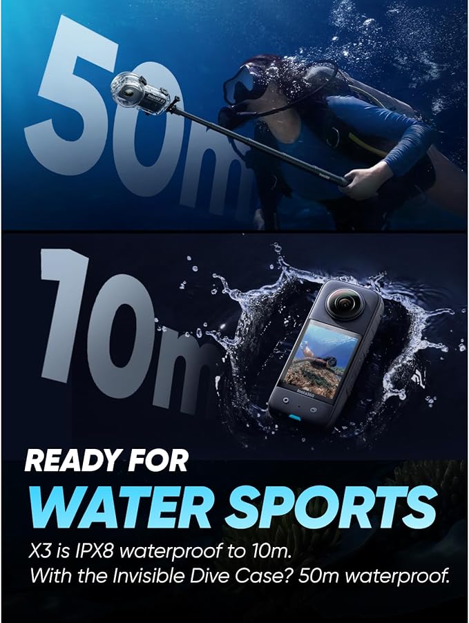 Insta360 X3 Invisible Dive Kit - Waterproof 5.7K 360 Action Camera, Dive Case, Selfie Stick, Dual 1/2" 48MP Sensors, Stabilization, 360 Horizon Lock, 4K Single-Lens, AI Editing