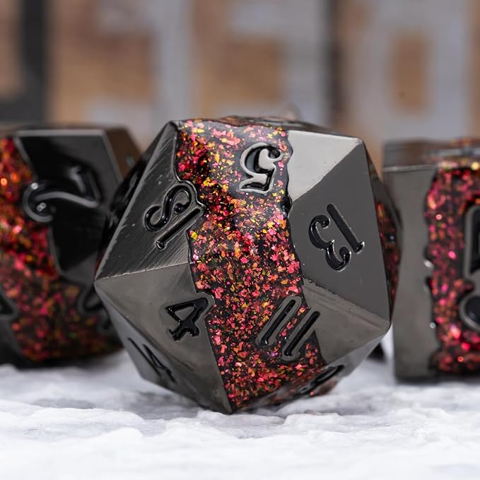 Metal DND Polyhedral Dice,Large Stripe Glitter Metallic Dice Set,Antique Silver Dice 7pcs Set for Role Playing Games(Black Nickel Red)