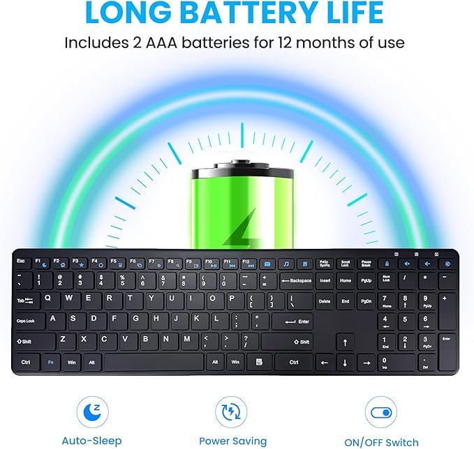 Wireless Keyboard-2.4G Ultra Slim Quiet Full Size Matte USB PC Computer Keyboard,19 Multimedia Keys,Number Pad,Plug&Play,Lag-Free Ergo,Long Battery life for Desktop,Laptop,Smart TV,MAC,Windows,QWERTY