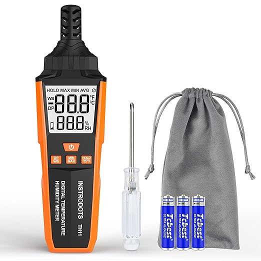 Temperature Humidity Meter, High Precision Digital Hygrometer with Ambient, Dew Point, Wet Bulb Temperature for Indoor Outdoor, Thermometer with Min/Max, Data Hold, LCD Backlight, TH11