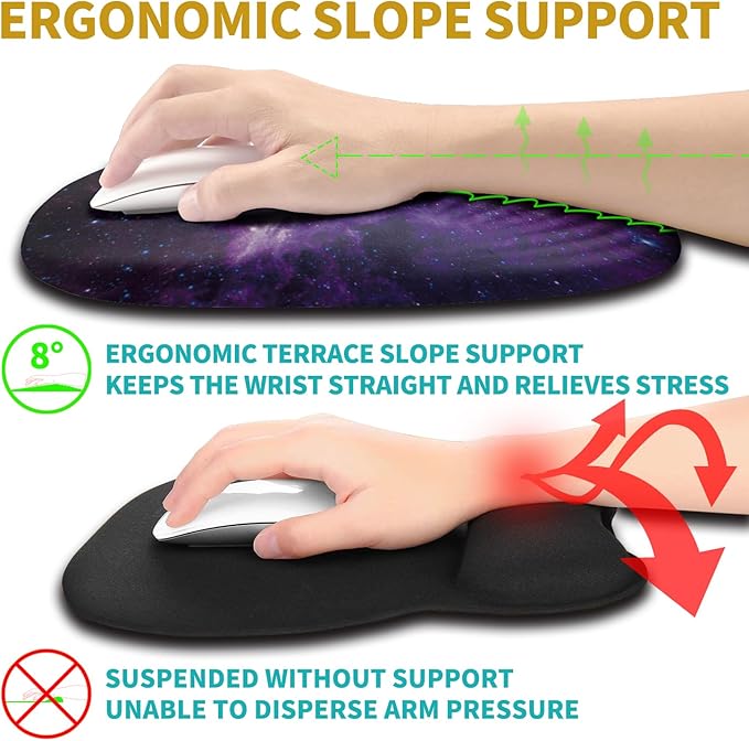 Hokafenle Ergonomic Mouse Pad Wrist Support with Stepped-Wedge Design, Wrist Rest Pain Relief Mousepad Filled with Memory Foam, Carpal Tunnel Mousepad for Wireless Mouse(12x8 inch, Galaxy)