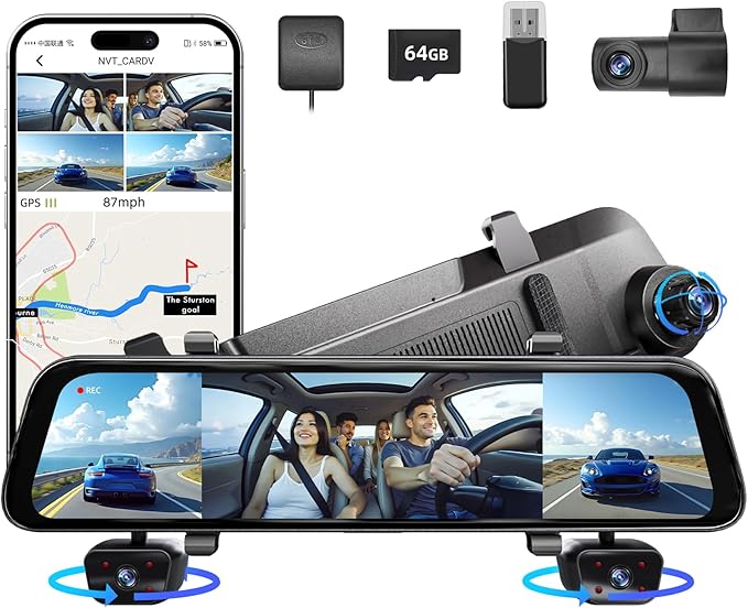 2025 Rear view Mirror Camera,4 Channel Mirror Dash Cam Front and Rear,24/7 Recording Rearview Mirror Backup Camera for Cars & Trucks,12" Touch Screen,Built-inWiFi,GPS,IR Night Vision,Free 64GB SD Card